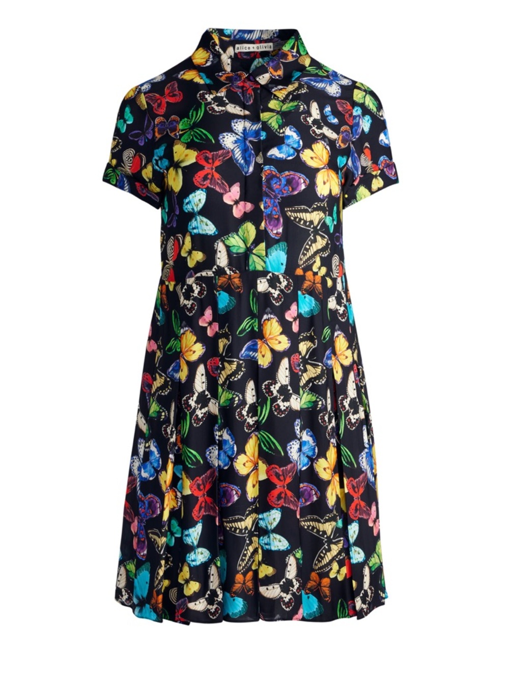 Alice + Olivia Tori Short Sleeve Pleated Shirt Dress Butterfly High Back Large